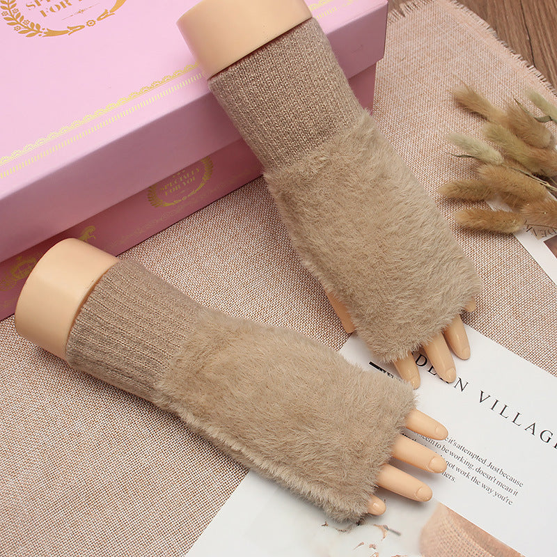Women's Winter Plush Warm Writing Fingerless Knitted Half Finger Exposed Sleeve Cover Wristband