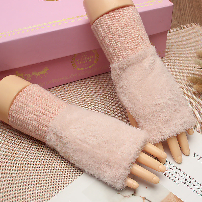 Women's Winter Plush Warm Writing Fingerless Knitted Half Finger Exposed Sleeve Cover Wristband