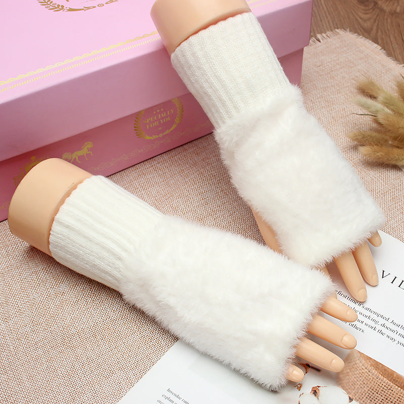 Women's Winter Plush Warm Writing Fingerless Knitted Half Finger Exposed Sleeve Cover Wristband