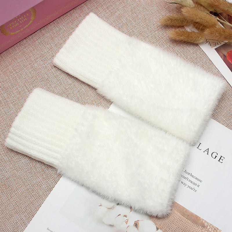 Women's Winter Plush Warm Writing Fingerless Knitted Half Finger Exposed Sleeve Cover Wristband