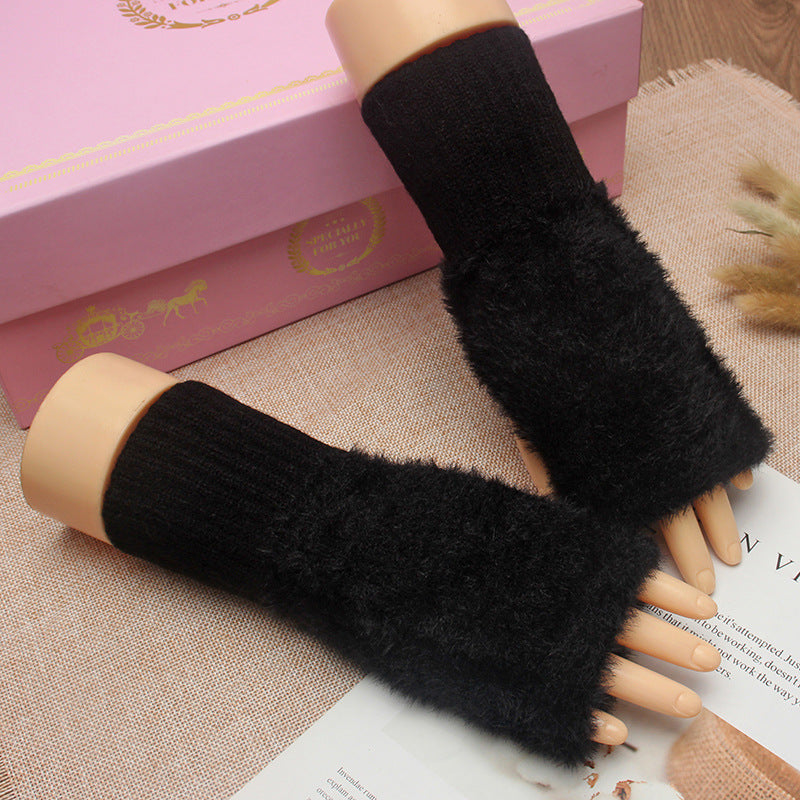 Women's Winter Plush Warm Writing Fingerless Knitted Half Finger Exposed Sleeve Cover Wristband